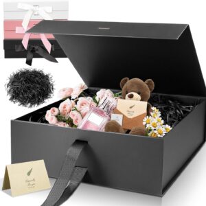 Black Luxury Large Magnetic Gift Box, 32.5 x 23 x 10.5 cm with Ribbon, Paper & Greeting Card, Party Favour Box for Wedding, Birthday & Mother's Day