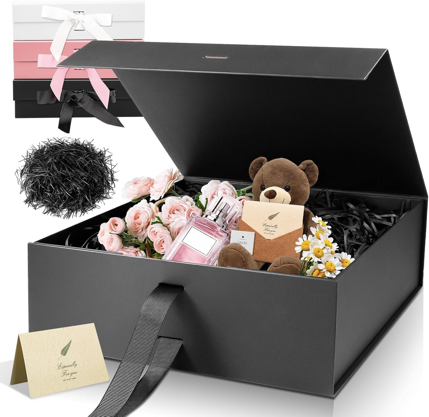 Black Luxury Large Magnetic Gift Box, 32.5 x 23 x 10.5 cm with Ribbon, Paper & Greeting Card, Party Favour Box for Wedding, Birthday & Mother's Day
