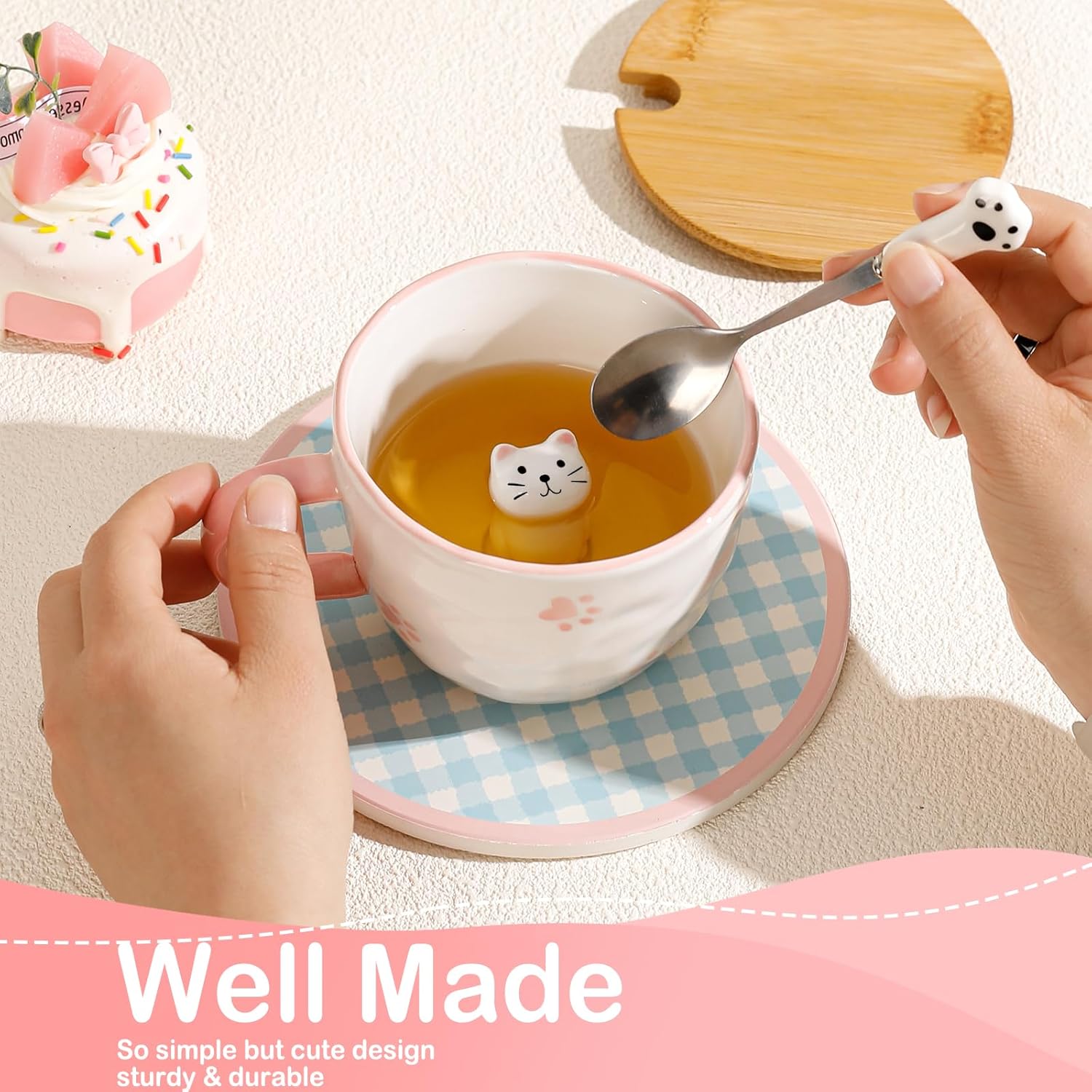 Cute Things Ceramic Cat Coffee Cup, Tea Cup with Lid and Spoon, Funny Cups, Gifts for Women, Coffee Mug, Porcelain 3D Cup, Personalised Cappuccino Cup, Best Friend Christmas Gift – Bild 2