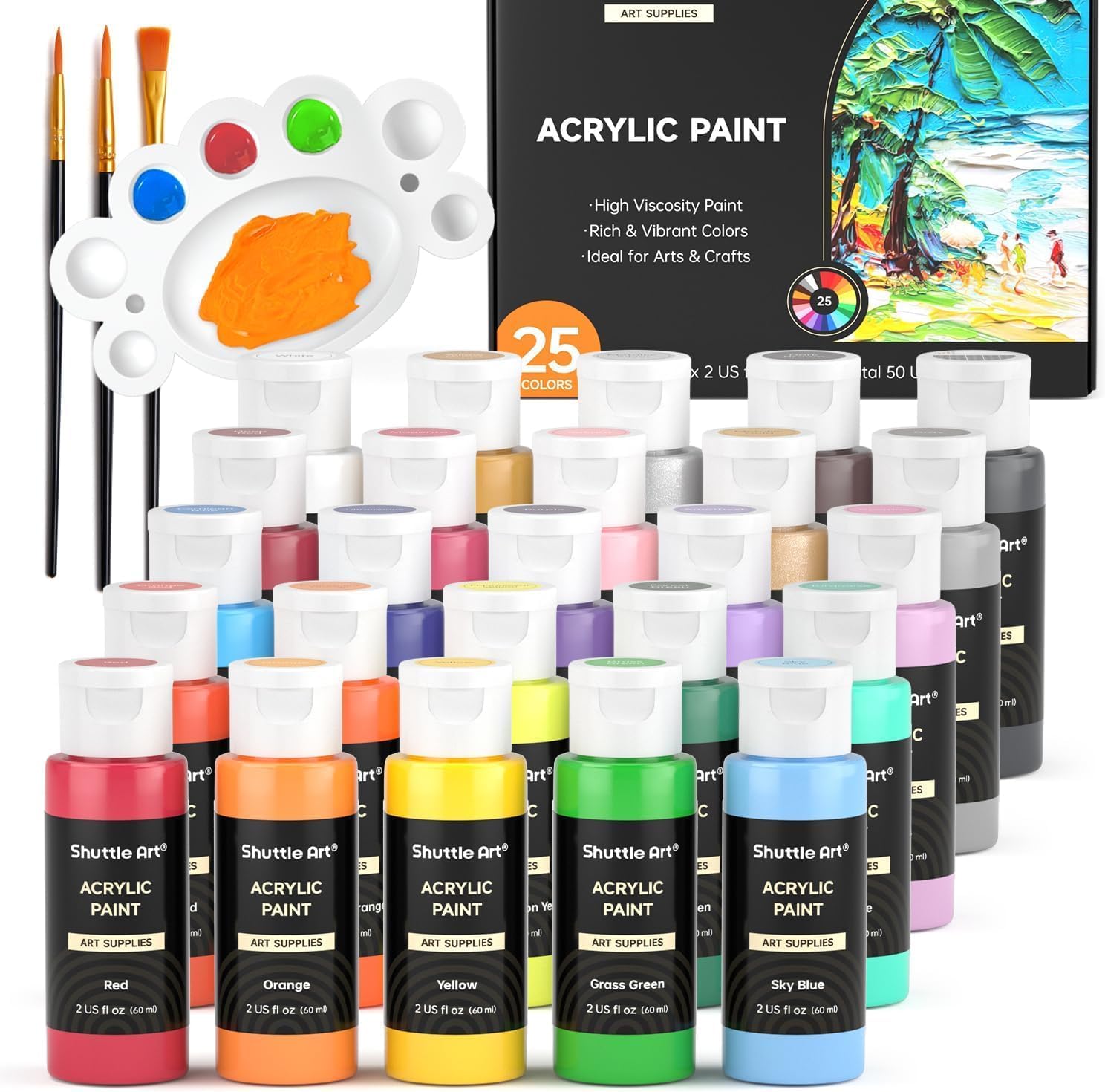Shuttle Art 25 Colourful Acrylic Paint Set (60 ml Each) with Brush Set and
