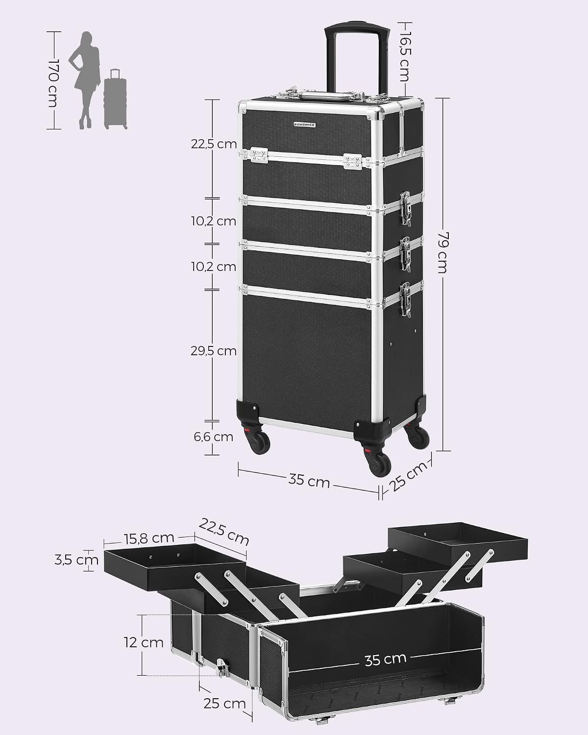 Songmics Lockable Cosmetic Case Trolley 35 x 25 x 79 cm – Bild 7