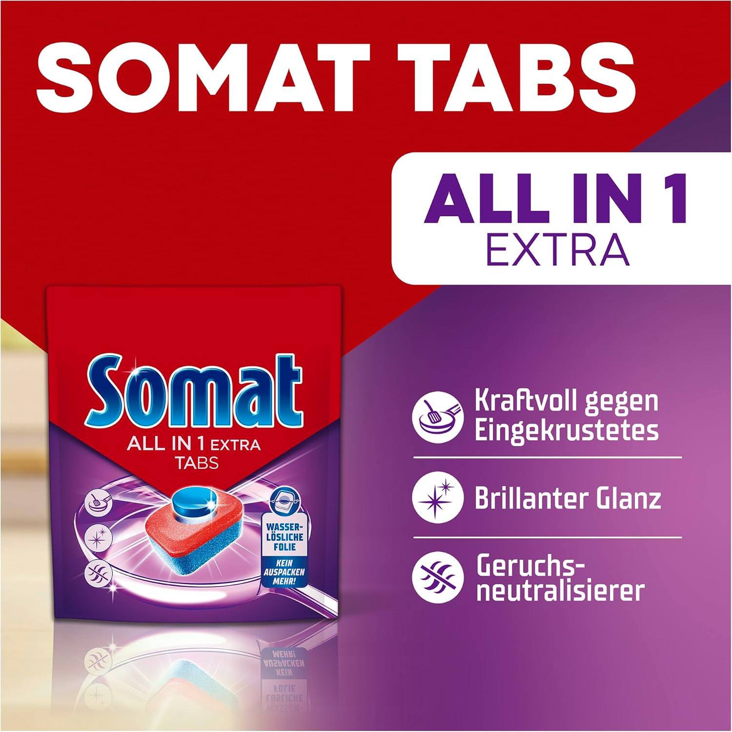 Somat All in 1 Extra Dishwasher Tablets (4 x 92 AW), Dishwasher Tablets for Radiantly Clean Dishes, Even in Low Temperature, Short & Eco Programs, Removes Crusted Items, Provides Brilliant Shine – Bild 4