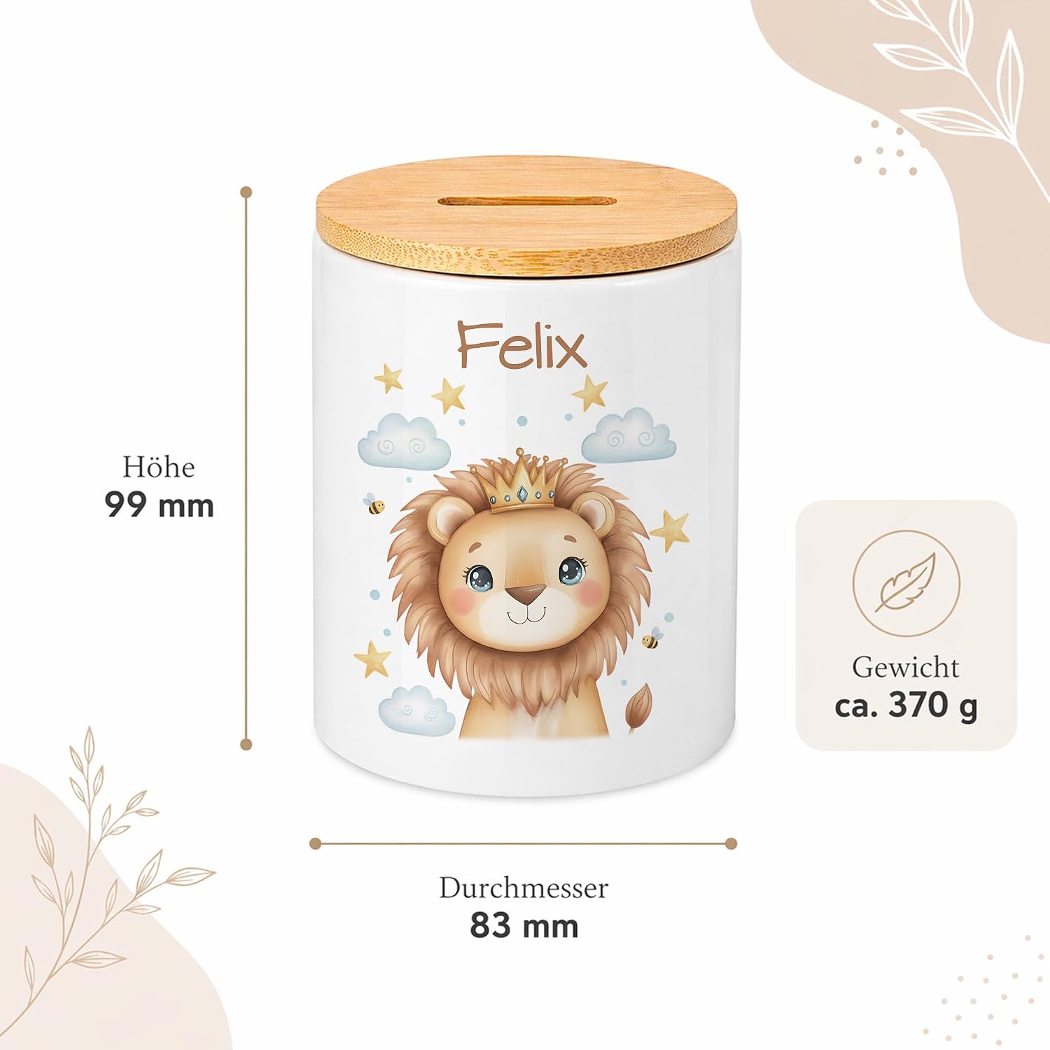 Personalised Bamboo Money Box with Name, Cute Lion Crown Design, Gift Children Birth Christening, Boys Baby Piggy Bank, Cute Wish Filler – Bild 3
