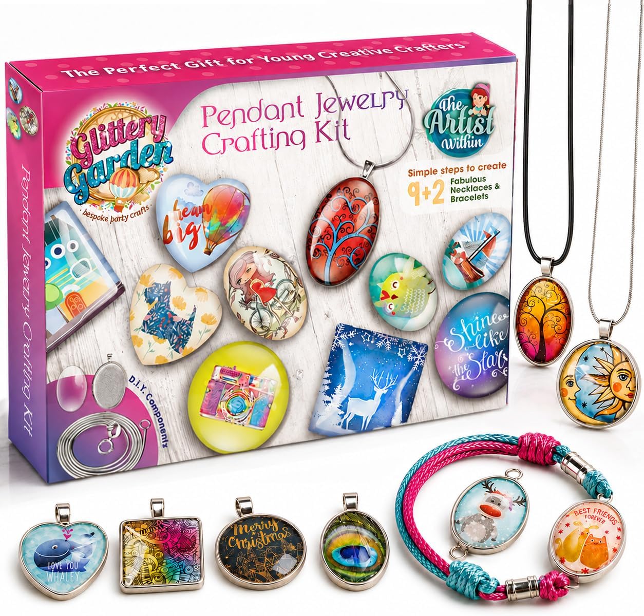 Girls Jewellery Making Kit DIY Necklace Pendant and Bracelet Craft Set with Glass Beads & Charms - Fashion Accessories, Craft Accessories. Ideal as a Handmade Gift & Group Activity