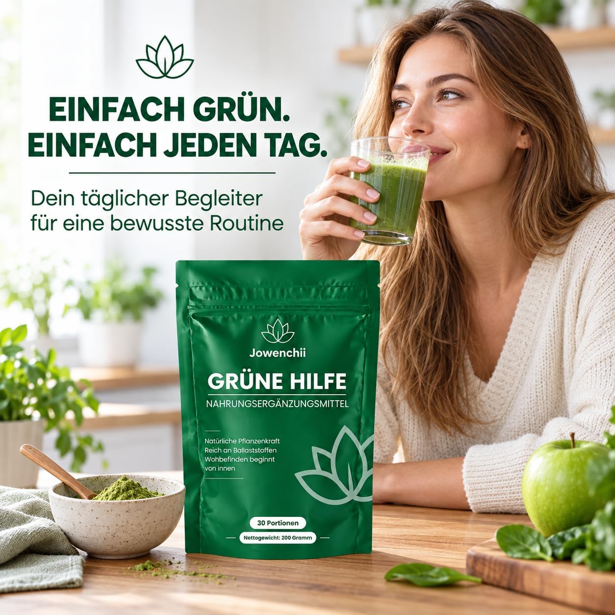 Green Superfood Powder 200 g - Vegetable Superfood Blend with Barley Grass, Spirulina, Matcha, Chlorella, Wild Blueberry & Inulin - Green Drink with Apple Flavour, Vegan & No Added Sugar – Bild 6