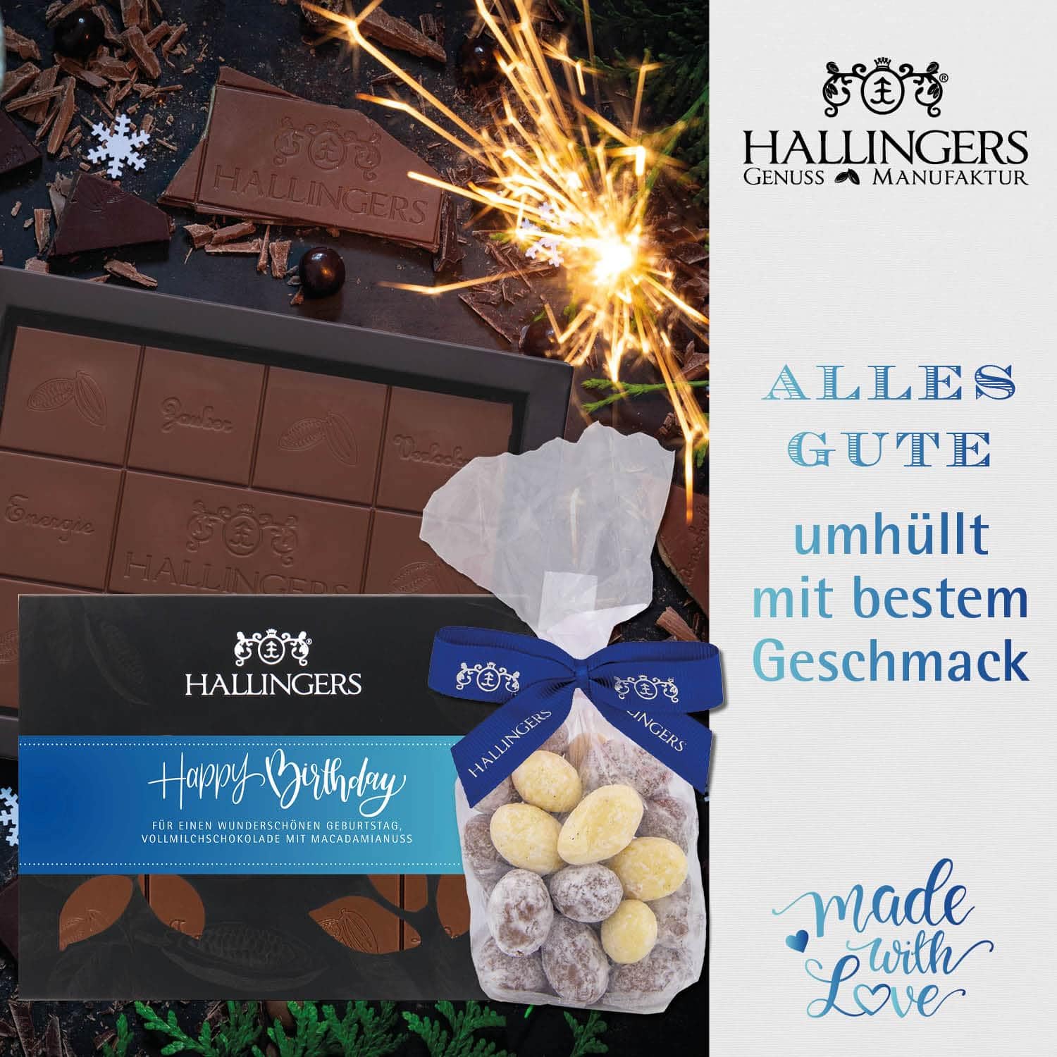 Hallingers Genuss Manufaktur Feinkost Birthday Gift Set – XXL Gift Basket "Happy Birthday..." Large Gift Coffee, Chocolate, 9 Chocolates, Almonds & Spice, Gifts for Men and Women – Bild 3