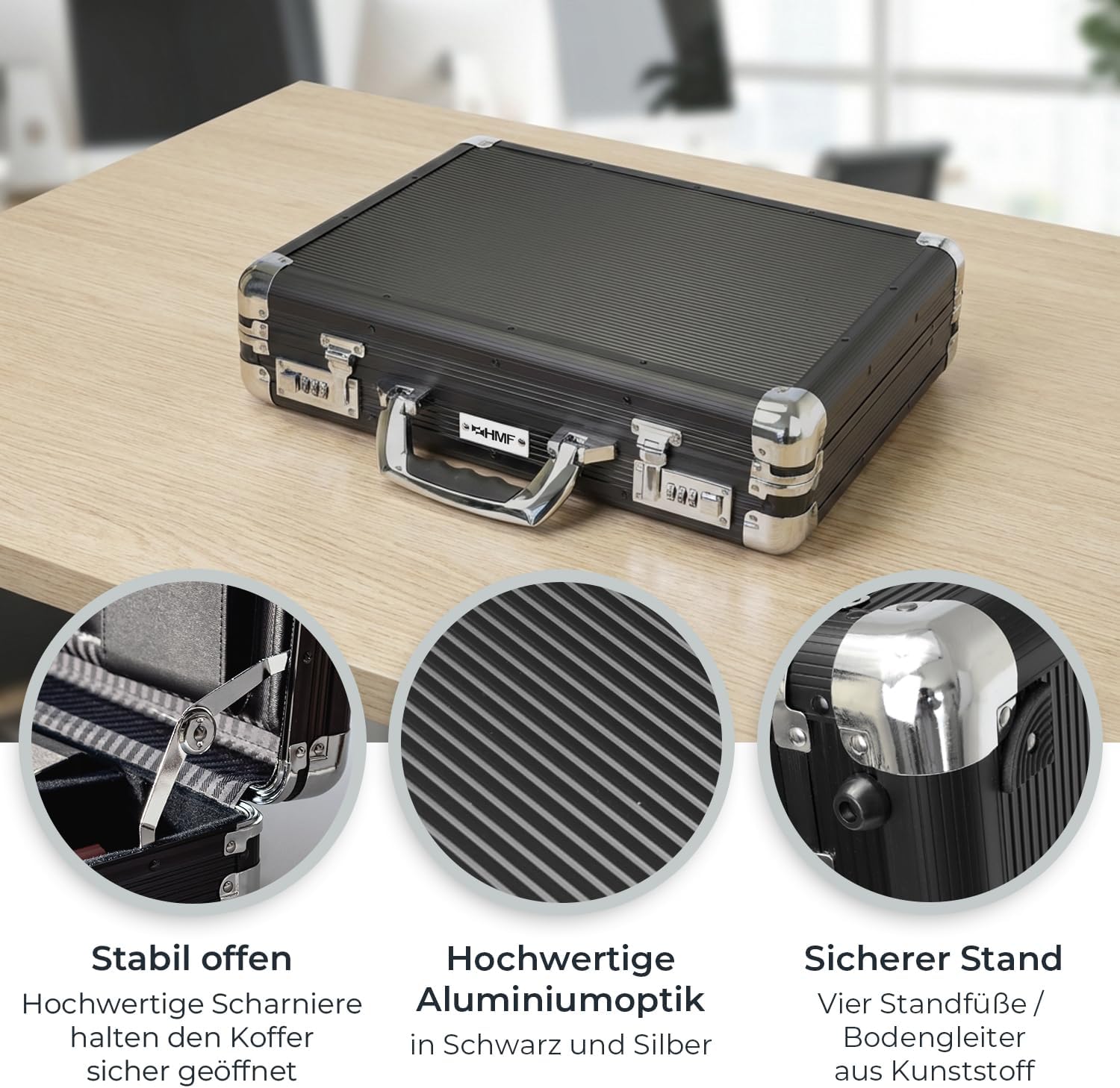 HMF Aluminium Briefcase for Laptops up to 17.3 Inches, Men's Business Case with Combination Lock, Padded Laptop Compartment and Organiser in Lid, 45 x 33 x 11 cm, Black – Bild 9