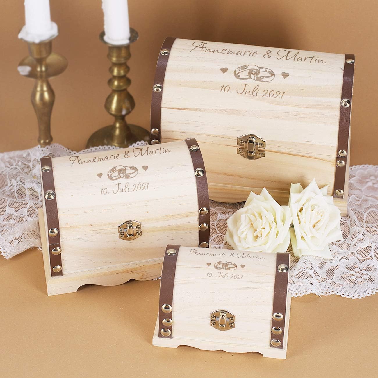 Herz & Heim® Personalised wedding gift, treasure chest with engraving in various sizes, wedding rings, approx. 15 cm x 10.5 cm x 9.5 cm (W x H x D) – Bild 6