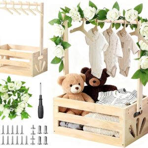 Baby Shower Gift with Wood, Practical Baby Storage Basket with 6 Wooden Hooks & Artificial Flower Garland, Gift Set for Baby Shower and Baby Shower