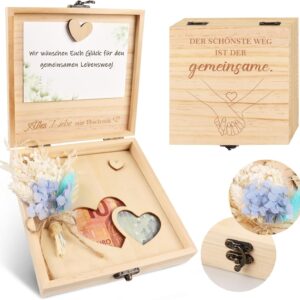 TUZELIYA Money Gift Wedding Wood with Wedding Card Dried Flowers, Wedding Gifts for Bride and Groom Money Gifts Packaging, Gift Box Wedding Gift Ideas