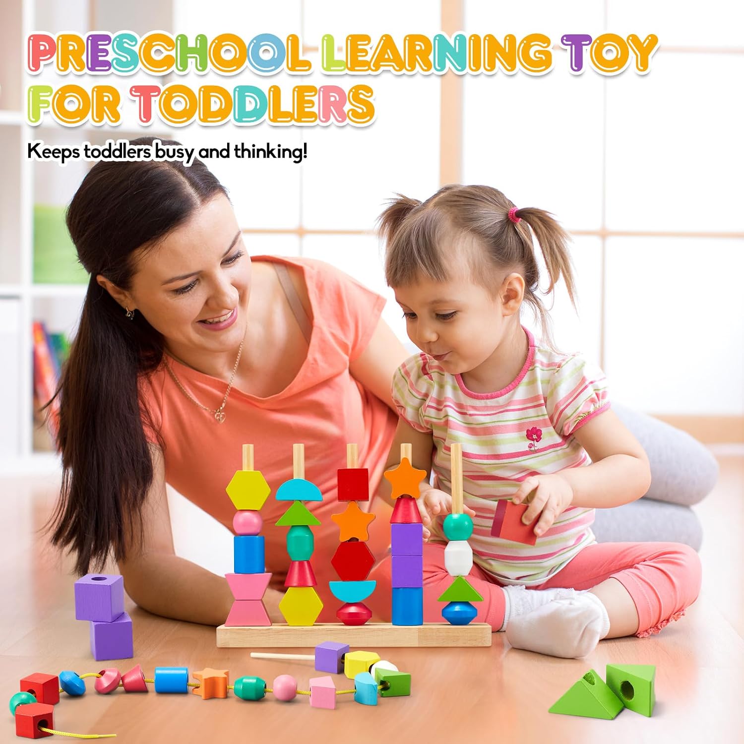 Montessori Toy from 3 4 5 Years Motor Skills Toy Threading Game Building Blocks Sorting Game for Children, Wooden Stacking Game Fine Motor Skills Educational Games Gift for Baby Boy Girl – Bild 6