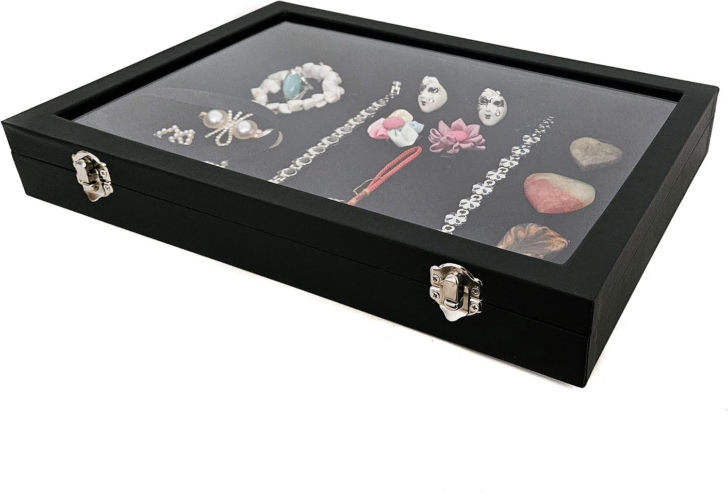 Yudu Multi-Purpose Display Case Jewellery Tray Glass Lid without Divisions Black – Bild 6
