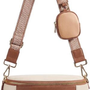 Missnine Leather Bum Bag Women’s Shoulder Bag Large with Headphones Bag, Brown / Beige, Retro