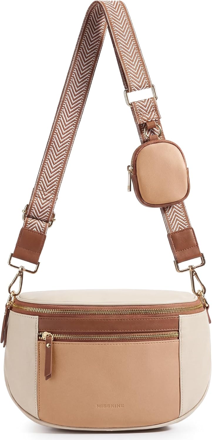 Missnine Leather Bum Bag Women's Shoulder Bag Large with Headphones Bag, Brown / Beige, Retro