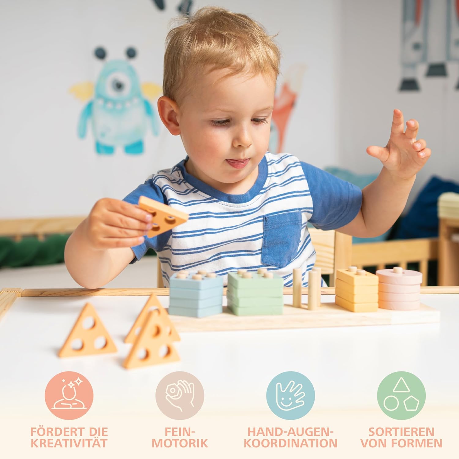 Sweety Fox Montessori Stacking and Sorting Toy, 1/2/3 Years, Wooden Activity and Development Toy in Pastel Colours, Montessori Games for Toddlers from 1 Year of Age – Bild 2