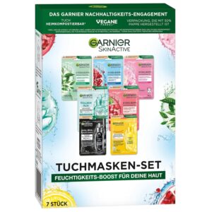 Garnier Cloth Masks Set for All Skin Types, 7 Face Masks for Dry to Normal Skin, Vegan Formula with Hyaluronic Acid, Hydra Bomb and Nutri Bomb Mask Set, 7 x 28 g