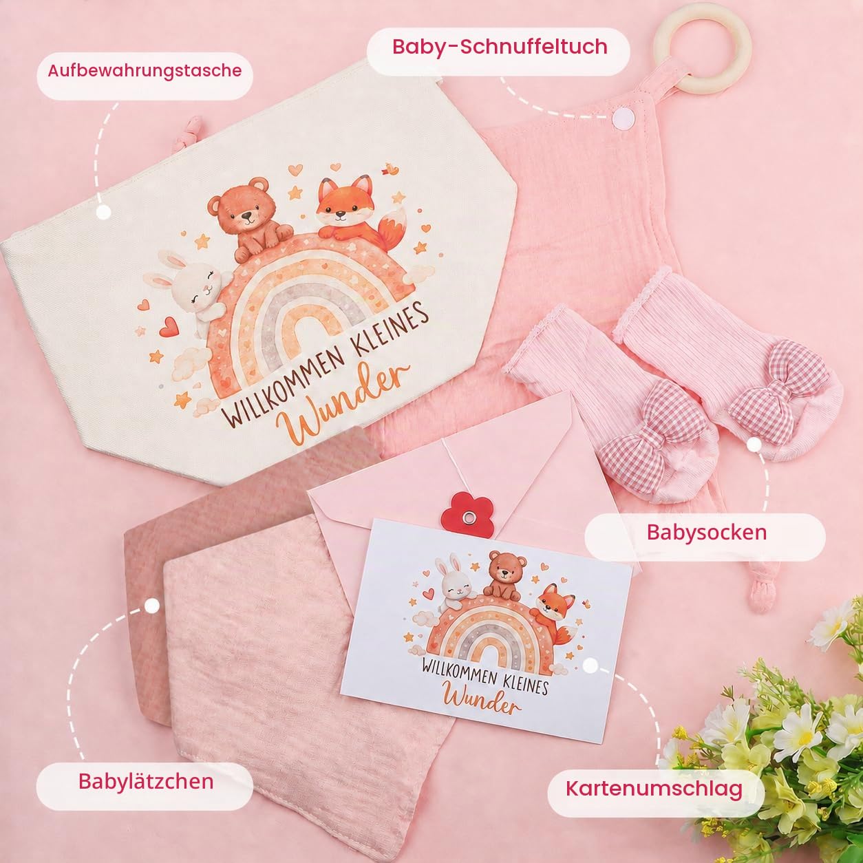Baby Gift Set Girls Newborn Gift Box 7-Piece Nappy Bag Cuddly Cloth Teether Bib Socks Greeting Cards Envelope Gift for Birth Baby Shower Baby Set for Girls (Pink) – Bild 2