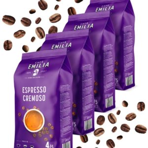 EMILIA Espresso Cremoso Beans 4 x 1 kg – Premium Espresso Beans – Dark Roast (Strength 4/5) – Matched to Fully Automatic Coffee Machine & Portafilter – Ideal for Espresso, Cappuccino & Latte Macchiato