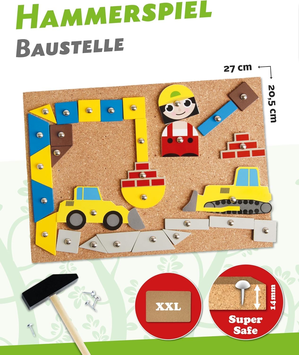 Lena 65828 Hammering Game, Building Site Game, Nail Game with 64 Pieces in 7 Shapes and 8 Building Site Parts, Cork Base Plate, Approx. 28 x 19.5 cm, hammer and nails, hammering game for children over 3 years – Bild 6