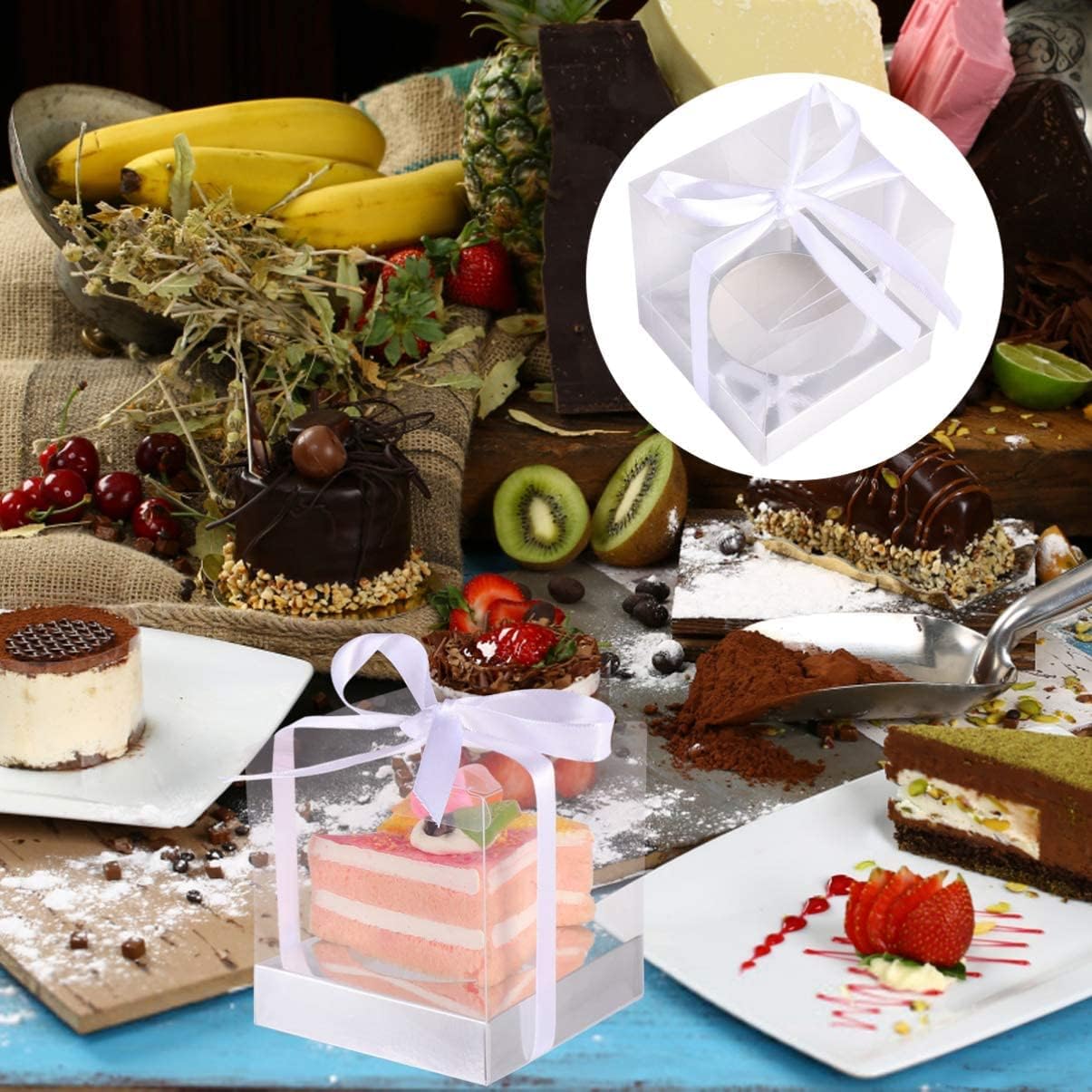 LATERN Pack of 20 Clear Cake Boxes, 9 x 9 x 11.5 cm, Transparent Gift Box with Silver Base and Ribbon for Packaging, Cakes, Macaron, Sweets, Cookies - for Wedding, Baby Shower, Party Favours – Bild 8