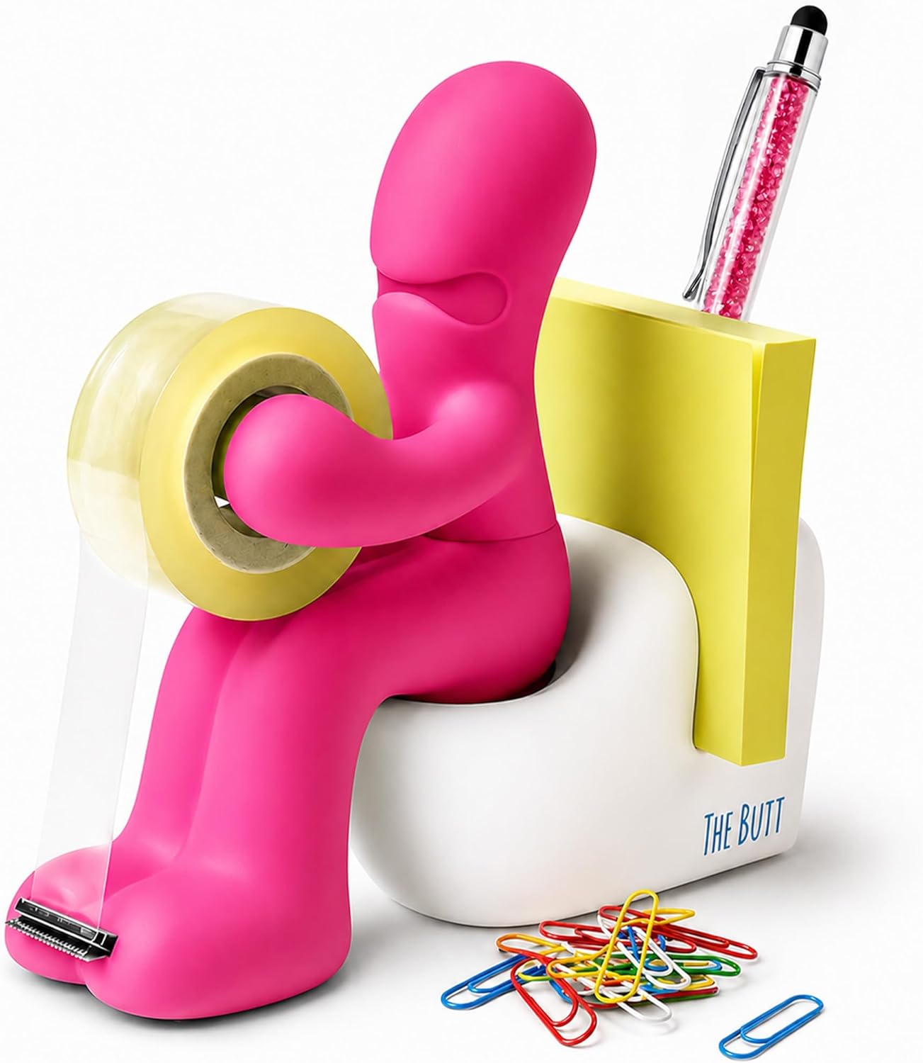 The Butt | Tape Dispenser and Supply Station | Funny Accessory for Office, Home or School | Fun Novelty Desk Tidy and Desktop Notepad Holder Includes Paper Clips, Notes and Pen | Ideal Present (Pink)