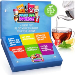 MACH MAL PAUSE® Tea Box – Funny Tea Set with 6 Delicious Tea Types – Gift for Colleague Coworker Boss – Tea Dispenser with 30 Tea Bags – Gift Set Office – Wellness Anti-Stress Tea – Birthday