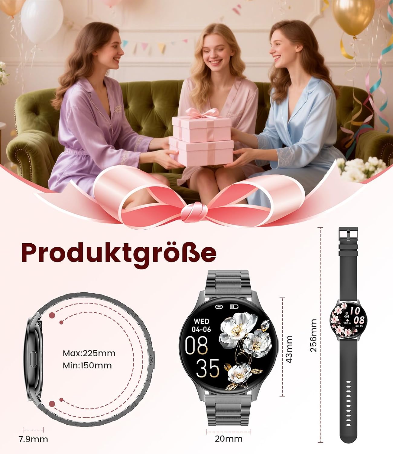 Women's Smartwatch (2 Bracelets), Premium Metal Bracelet, 1.43 Inch HD AMOLED Display, 120+ Sports Modes, Fitness Watch with Sleep Tracking, Phone Function, Watch for iOS Android, Black – Bild 9