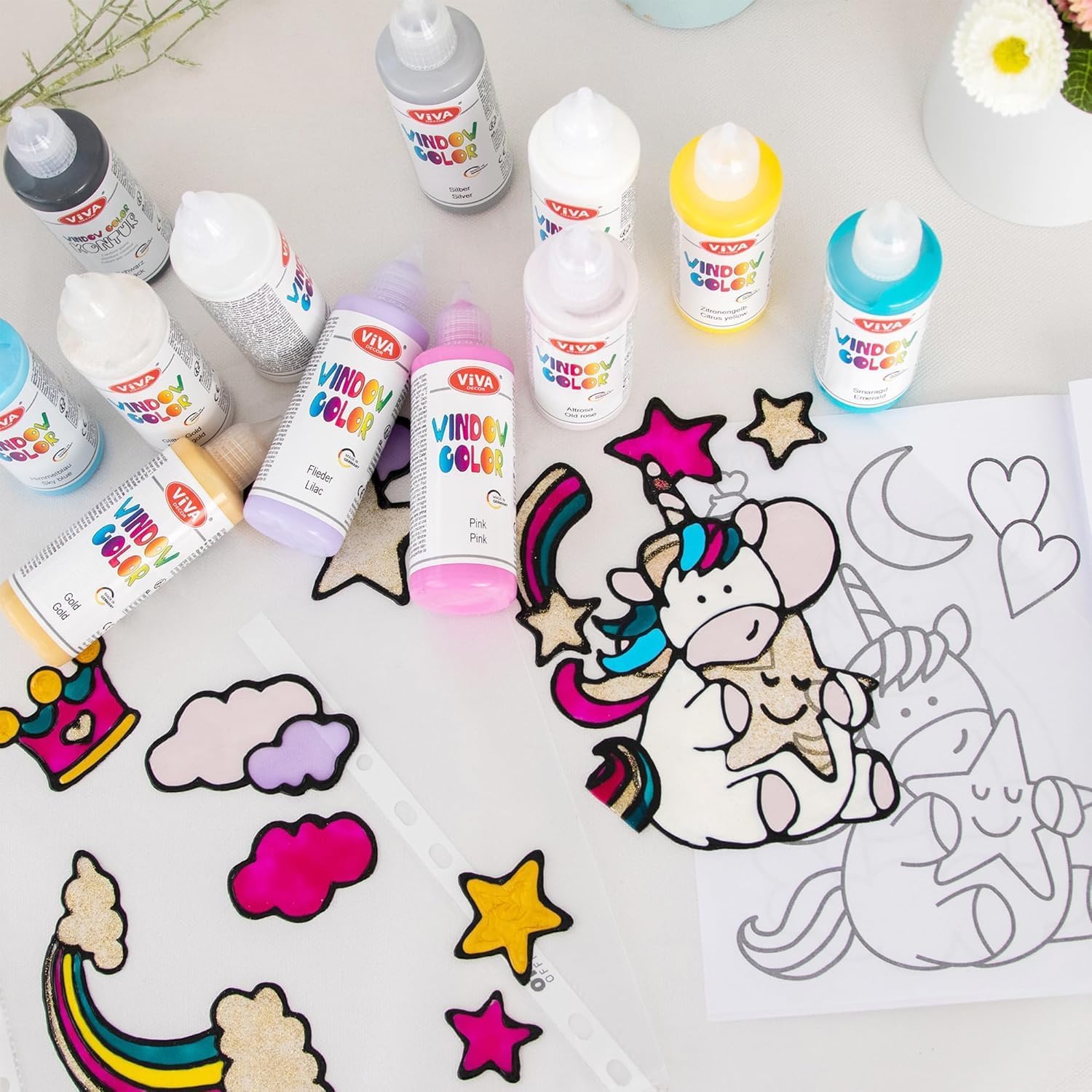 LM-Kreativ Window Colour Set Glitter Unicorn - Dive into a World of Colours with 12 x 80 ml Window Colour Water-Based Paints. Plus Template Book with 35 Unicorn Motifs – Bild 6