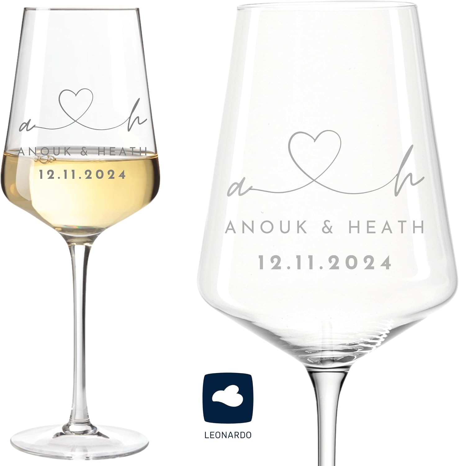 Villa Rosa Lotta - Leonardo Wine Glass Set of 2 with Engraving - Wedding Gifts for Bride and Groom, Personalised Gift for Wedding, Engagement, Anniversary with Name and Date, Initials – Bild 2