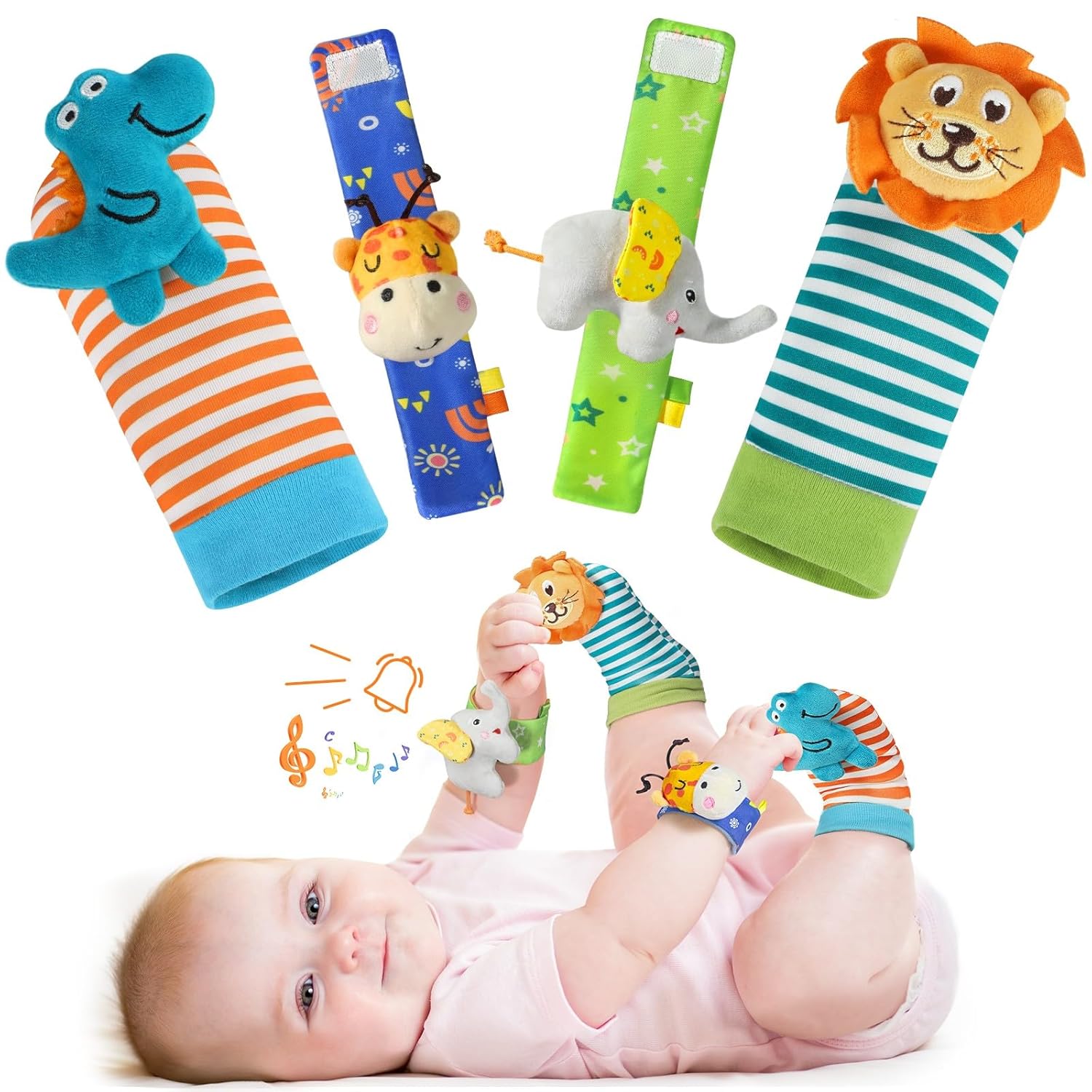 URMYWO 4 x rattle baby socks, baby toy, wrist and newborn toy for babies, girls, boys, early education toy for newborns, toddlers, toy for baby toys, 0-6 months