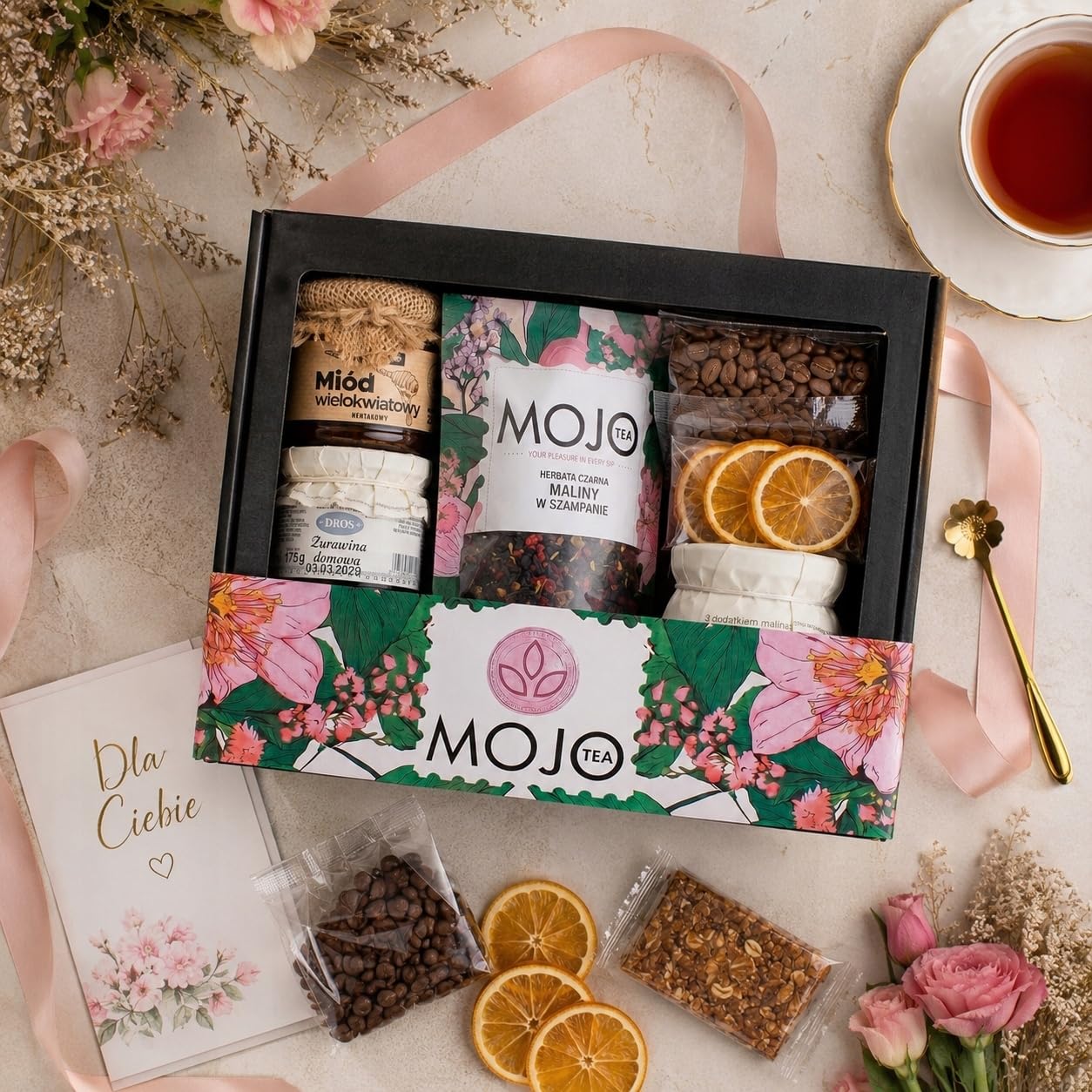 MOJO TEA Delicatessen Thank You Box Gift Basket Coffee Tea Honey Jam Gift Box with Fruit Tea, Arabica Coffee, Flower Honey, Lemons in Syrup, Cranberry Jam, Sweets - Gift Box – Bild 4
