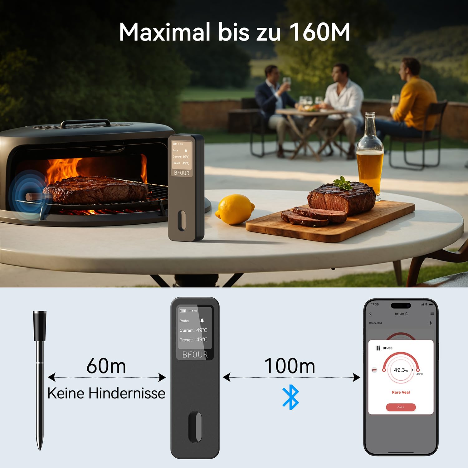 BFOUR BF-30 PRO Meat Thermometer Wireless Bluetooth Grill Thermometer with App Connection, LCD Display, IP67 Waterproof, Roasting Thermometer for BBQ, Oven, Grill, Kitchen – Bild 6