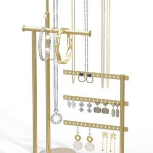 Gold Jewellery Organiser – 3 Bars Jewellery Stand, Jewellery Storage for Earrings, Bracelets, Necklaces, Perfume, Decorative Aesthetic Accessories for Dressing Table, Adjustable Angle and Height 37 cm (Max)