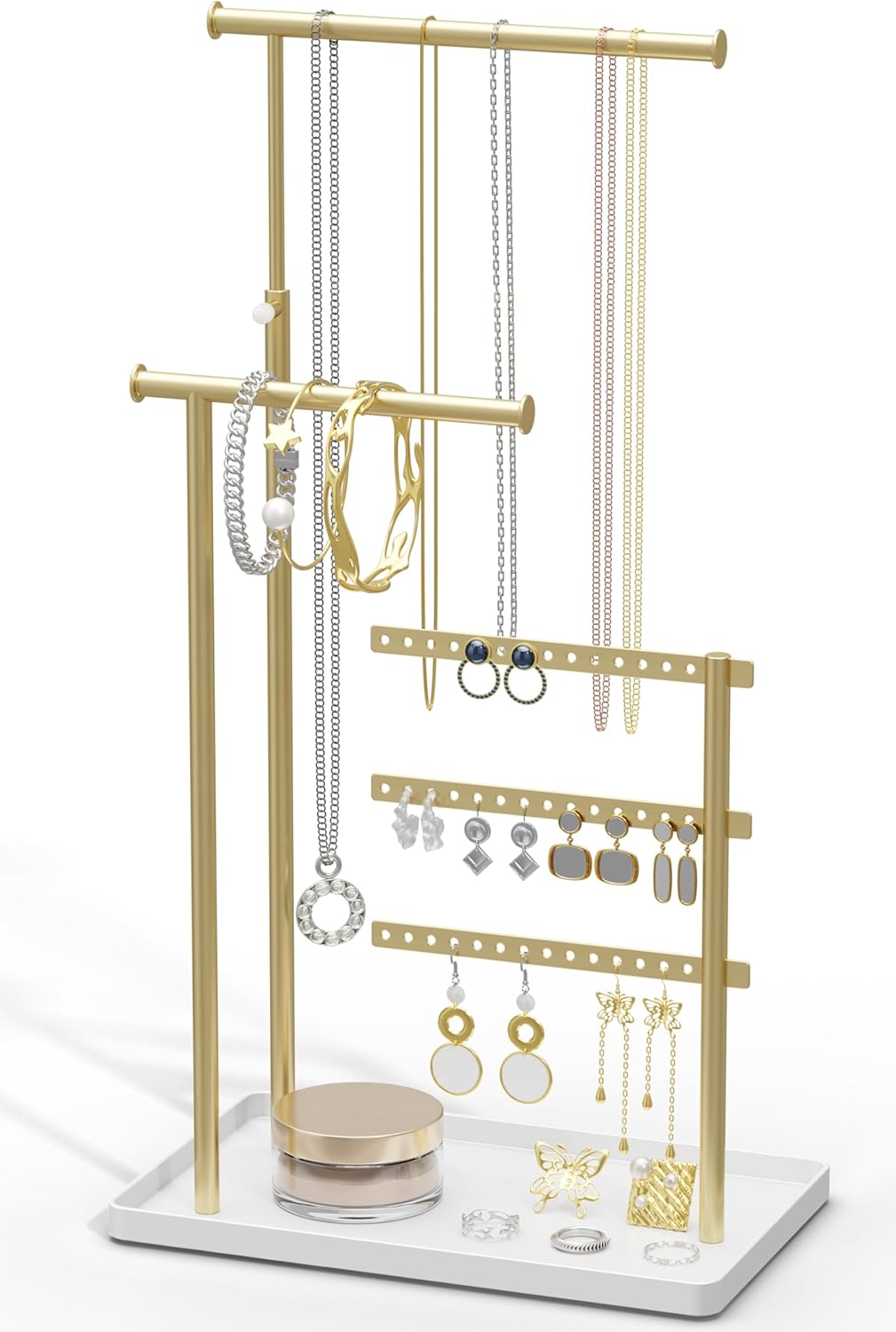 Gold Jewellery Organiser - 3 Bars Jewellery Stand, Jewellery Storage for Earrings, Bracelets, Necklaces, Perfume, Decorative Aesthetic Accessories for Dressing Table, Adjustable Angle and Height 37 cm (Max)