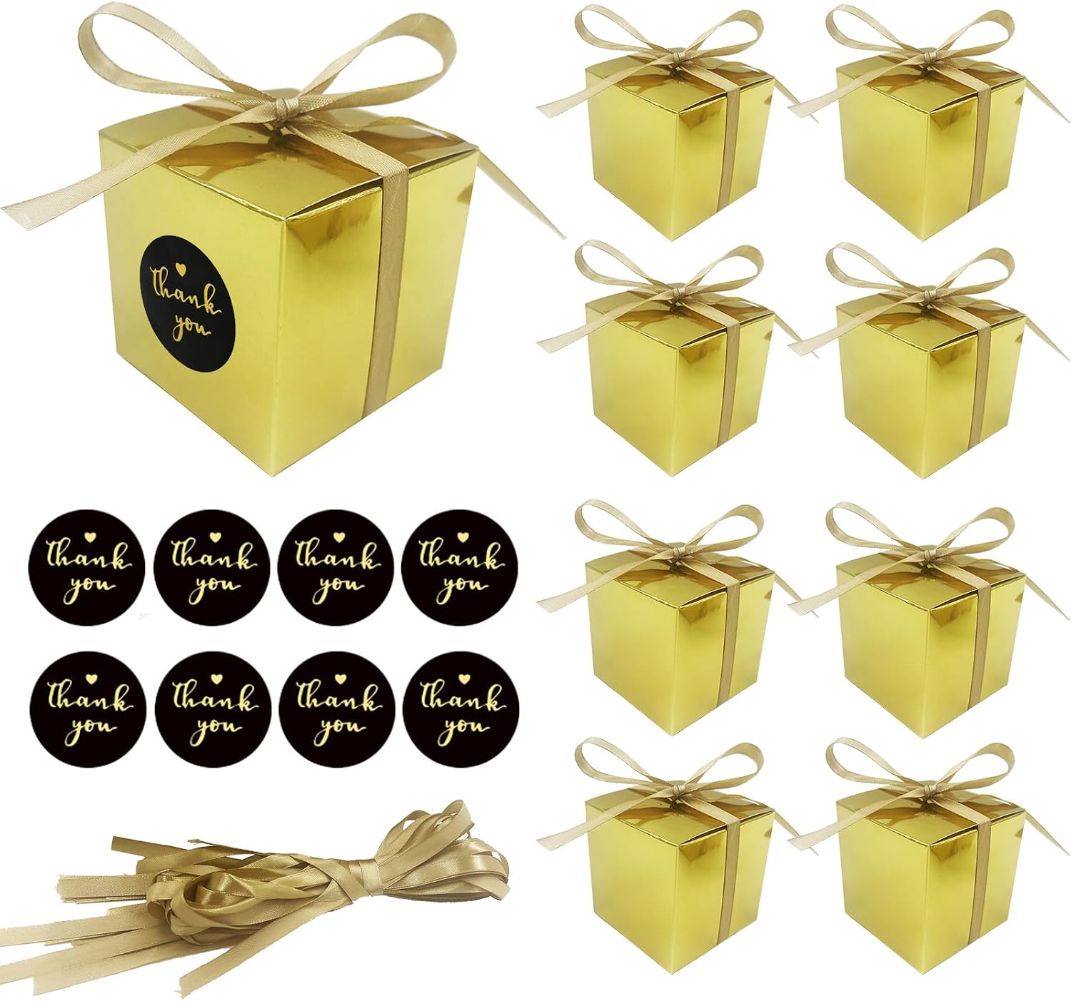 DUGYIRS Pack of 50 Golden Gift Boxes Candy Boxes 7.6 x 7.6 x 7.6 cm Party Gift Boxes with Ribbons for Wedding Baby Shower Decorations Birthday Party Accessories