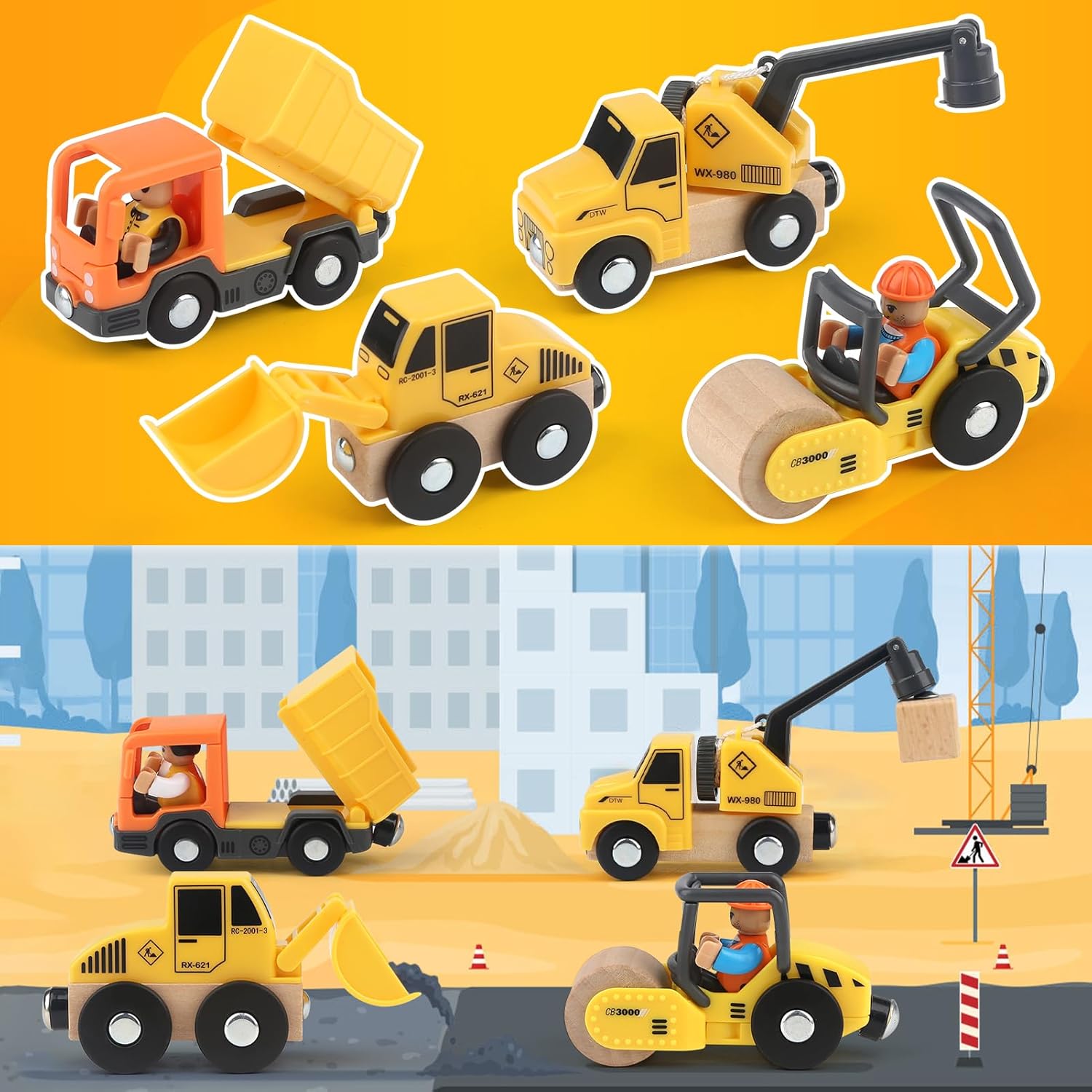 Vanplay Construction Site Vehicles Children's Crane Toy Wooden Toy Construction Site Toy from 3 Years Boy with Tower Crane Excavator Crane Truck Dump Truck Road Roller Gift 3 4 5 Years Boy – Bild 7