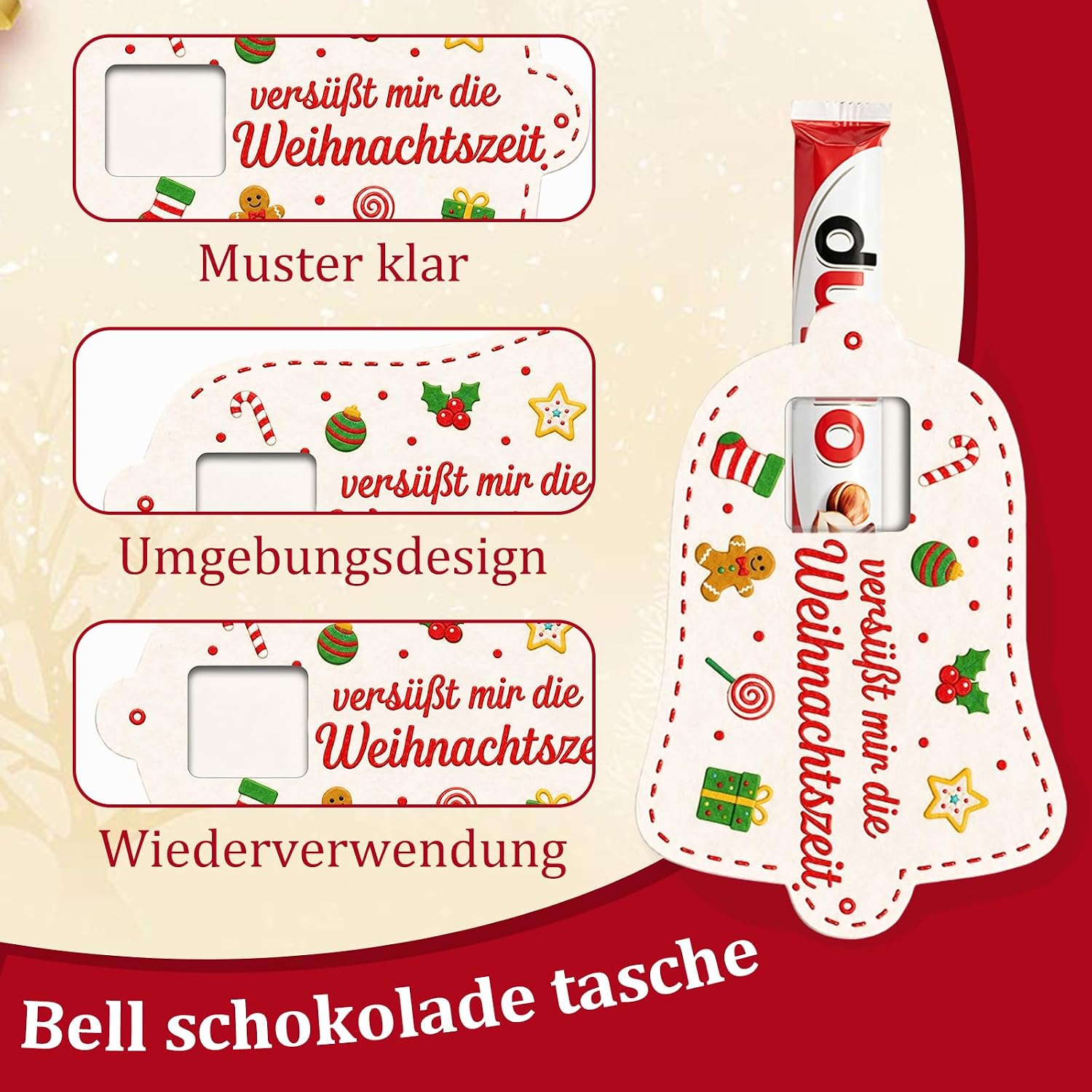 Pack of 12 Christmas Gifts Small Items, Felt Chocolate Bar Sleeves 15 x 10 cm, Small Christmas Gifts for Colleagues, Small Gifts for Colleagues, Employees, Christmas Gifts without Chocolate – Bild 3