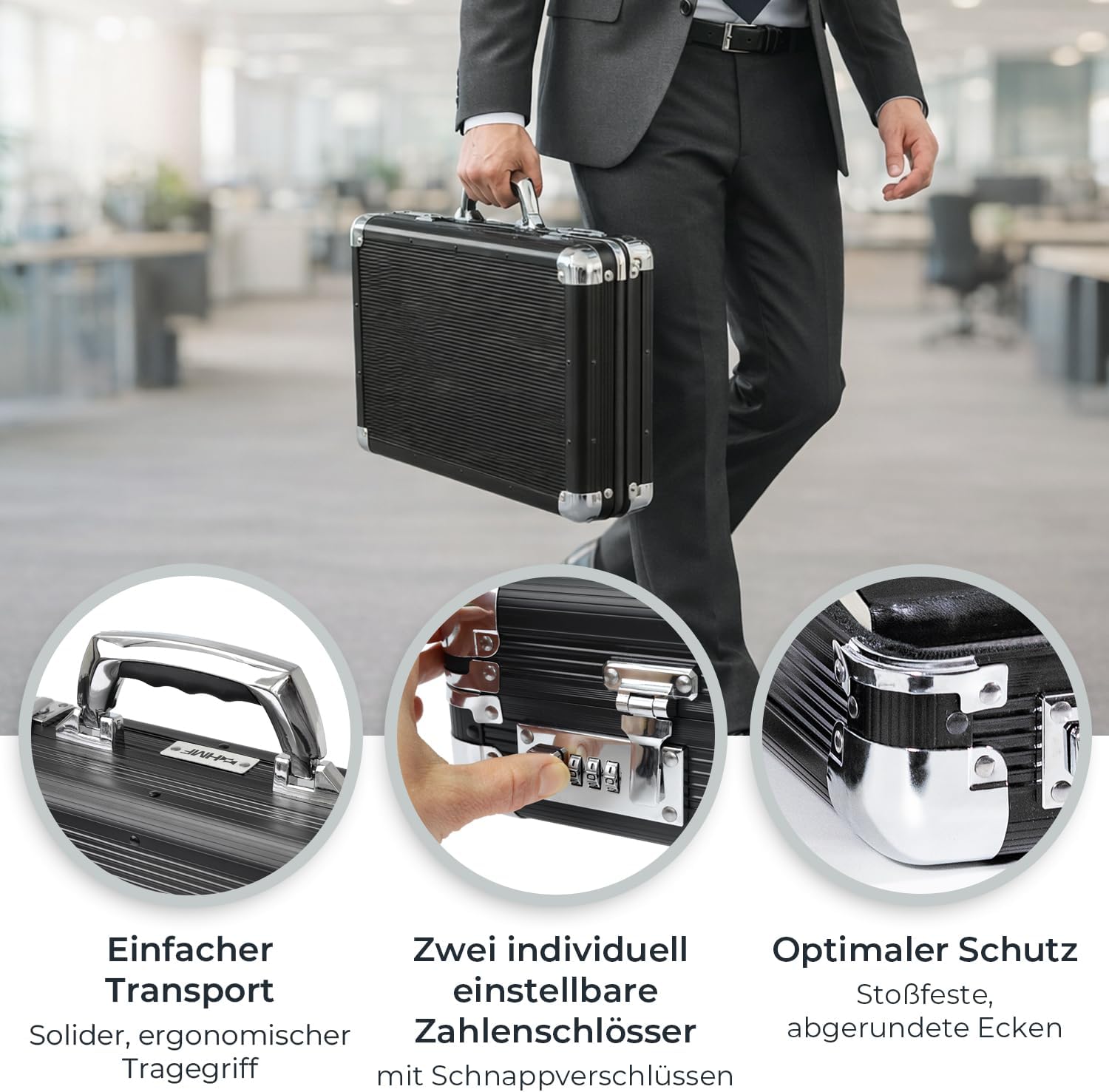 HMF Aluminium Briefcase for Laptops up to 17.3 Inches, Men's Business Case with Combination Lock, Padded Laptop Compartment and Organiser in Lid, 45 x 33 x 11 cm, Black – Bild 8