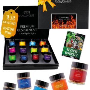 Hallingers Genuss Manufaktur Spice Gift Set – 12 Spices from around the World in High-Quality Gift Box with Recipe Booklet "Classic BBQ...", Gift Idea for Men and Women