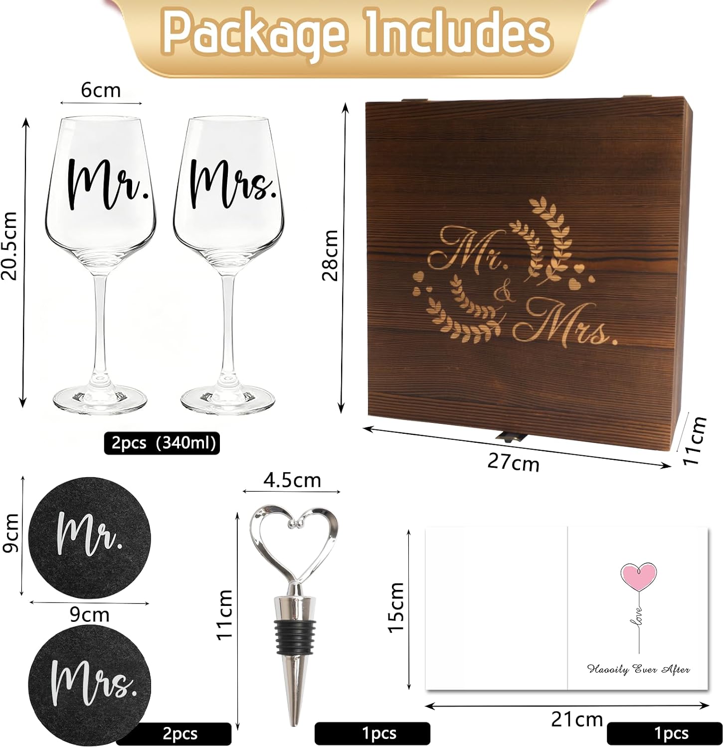 Wedding Gifts for Bride and Groom Mr and Mrs, 2 Wine Glasses with Engraving & 1 Wine Stopper & 2 Coasters, Personalised Engagement Gift Set in Wooden Box, Wedding Gift (Wedding) – Bild 2