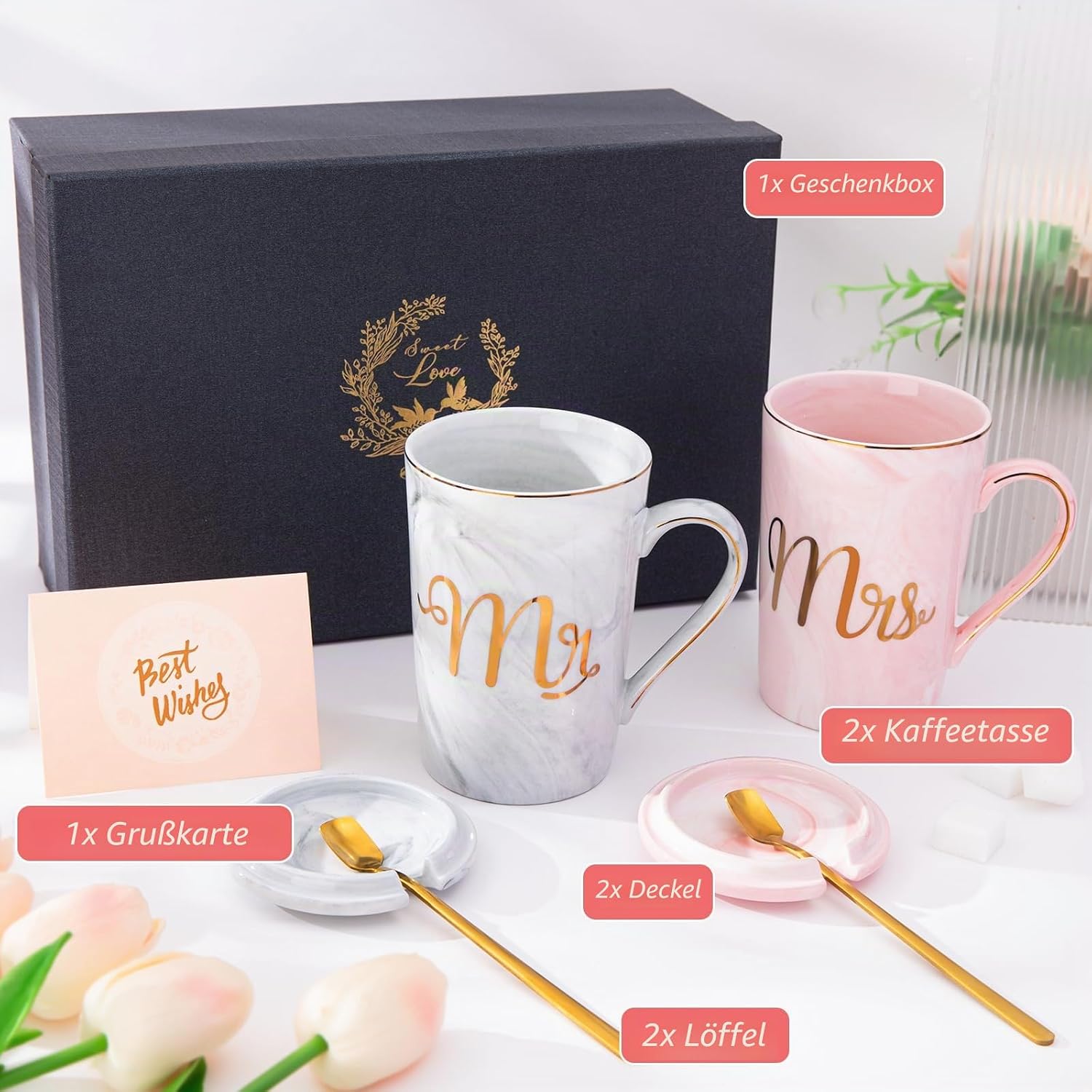 Wedding Gifts for Newlyweds, Mr and Mrs Gift for Bride and Groom, Gift Wedding, Anniversary Gift, Coffee Cups Set Ceramic Marble 14 oz for Wedding, Engagements – Bild 6