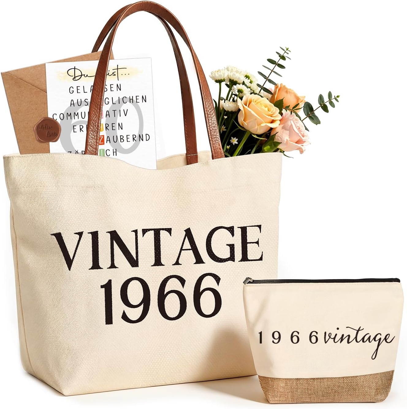 Giftota Gift Woman 60th Birthday, Vintage 1966 Gift Set for Women, Canvas Tote Bag with Leather Handles & Cosmetic Bag, Back in 1966 Birthday Gift