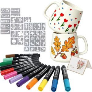 Ceramic Painting Set for Adults, Creative DIY Cups Painting Set for Beginners with 2 White Porcelain Cups for Painting, 12 Colouring Pens, Greeting Card & Stencils, Creative Craft Set Adults