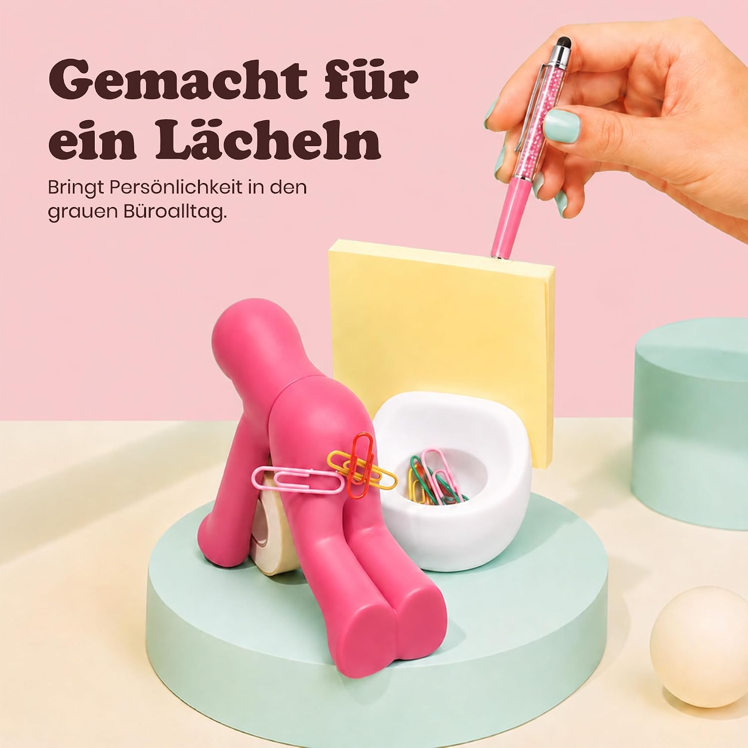 The Butt | Tape Dispenser and Supply Station | Funny Accessory for Office, Home or School | Fun Novelty Desk Tidy and Desktop Notepad Holder Includes Paper Clips, Notes and Pen | Ideal Present (Pink) – Bild 8