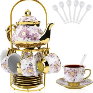 20-Piece Porcelain Tea Set with Teapot & Cup, 700 ml Vintage Style Teapot Set with Metal Holders for Afternoon Tea Coffee, Ideal Gifts for Tea Lovers (Purple)