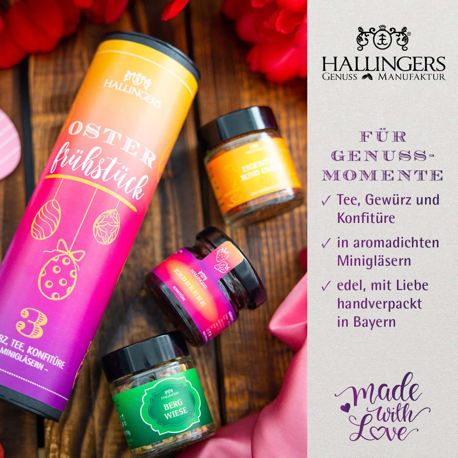 Hallingers Genuss Manufaktur Feinkost Easter Gift Set - 3 Mini Glasses in Elegant Gift Tin "Easter Breakfast" Vegan Gift Tea, Jam & Spice, Easter Baskets for Women Men – Bild 4