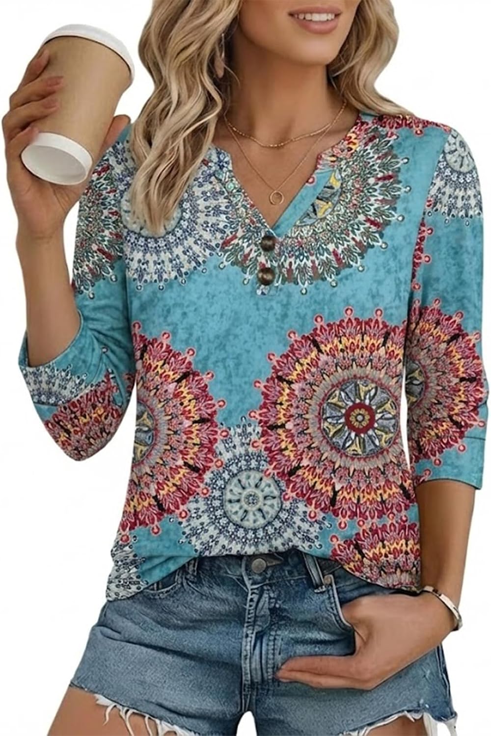 Cuptacc Women's Summer V-Neck 3/4 Sleeve Top Elegant Business