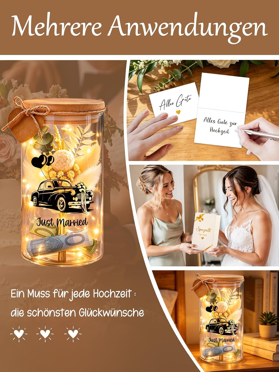 Money Gift Wedding Packaging, Wedding Car Glass Bottle with LED Fairy Lights & Dried Flowers, Wedding Gifts for Bride and Groom, Personalised Wedding Gift Packaging Wedding – Bild 5