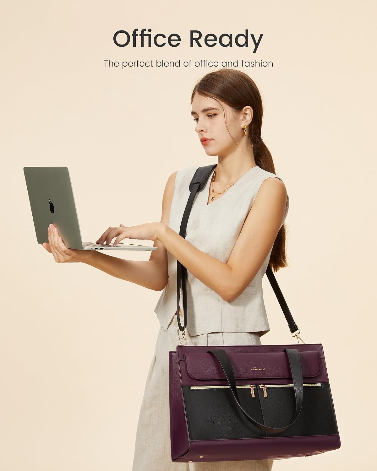 LOVEVOOK Women's Laptop Bag, 17.3 Inches, Elegant Handbag, Work Bag, Large Shopper Business Bag, Briefcase, Teacher Bag, PU Leather Tote Bag, School Bag, Notebook Bag for Office, University, Purple – Bild 6