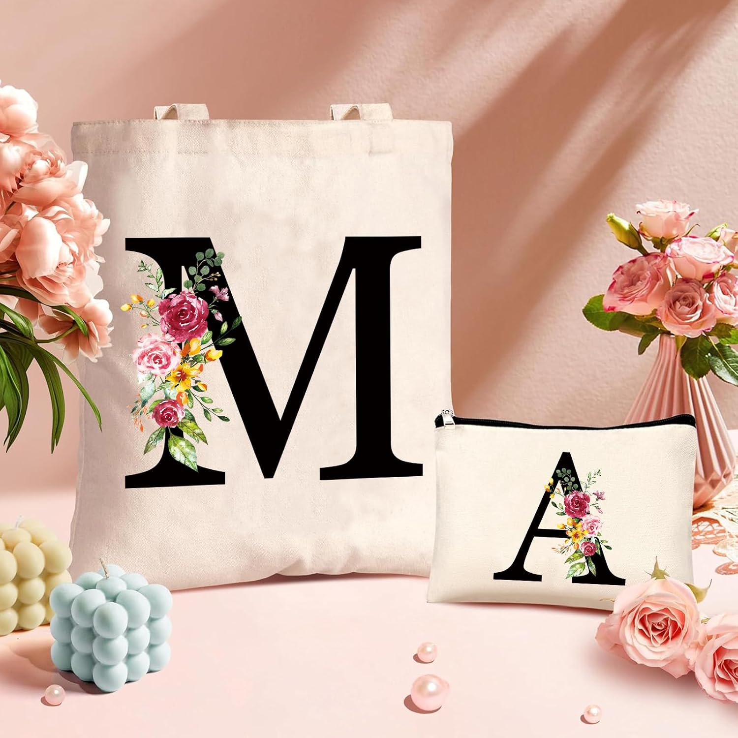 Cotton Bag Personalised with Name, Women's Initials Canvas Gift Tote Bag and Cosmetic Bag for Women Girlfriend Mum Sisters Wife Birthday, Valentine's Day, Mother's Day Bag (S) – Bild 6